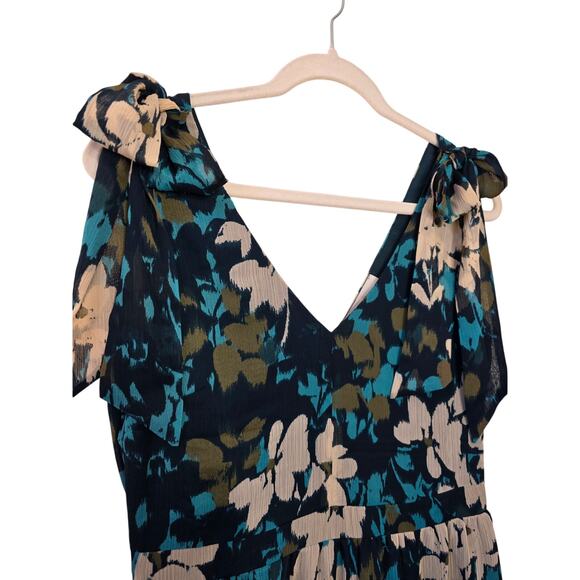 NWT LOFT Beige/Teal Floral Ruffle with Shoulder-Ties Dress - Picture 5 of 8